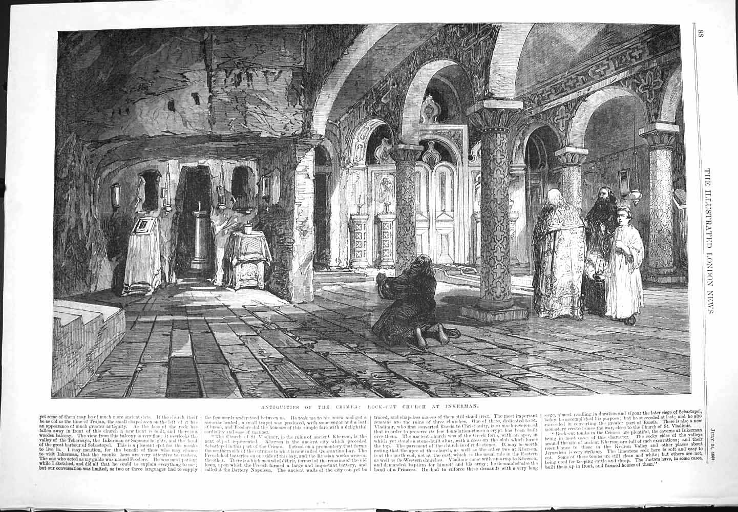 Original Old Antique Print 1869 Rock-Cut Church Inkerman Crimea Kherson Tomb