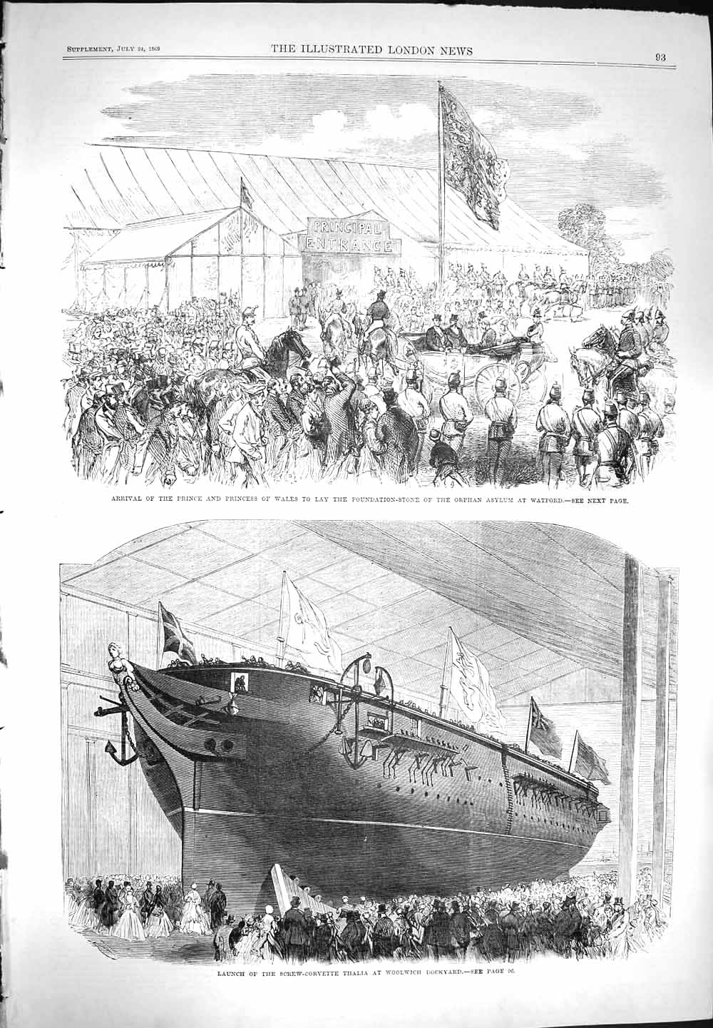 Old Antique Print 1869 Ship Launch Thalia Woolwich Orphan Asylum Watford 19th