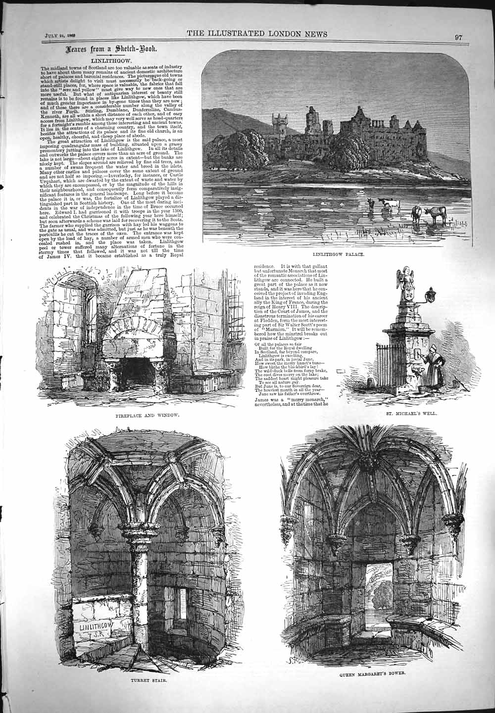 Original Old Antique Print 1869 Linlithgow Palace Michael'S Well Queen Margaret