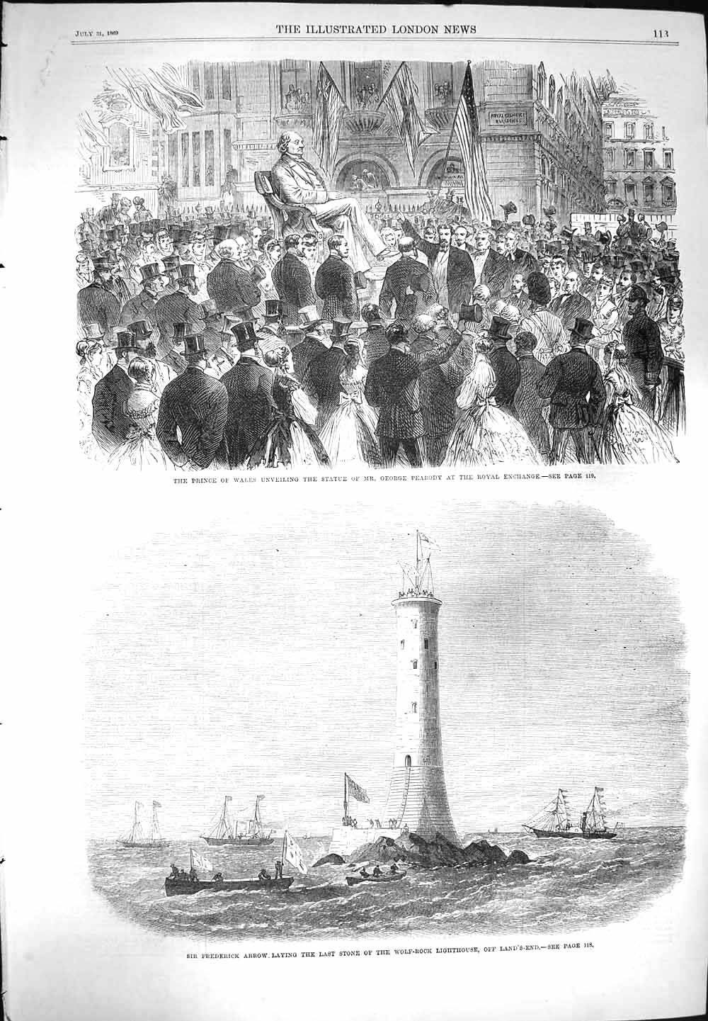 Original Old Antique Print 1869 Frederick Arrow Wolf-Rock Lighthouse Peabody