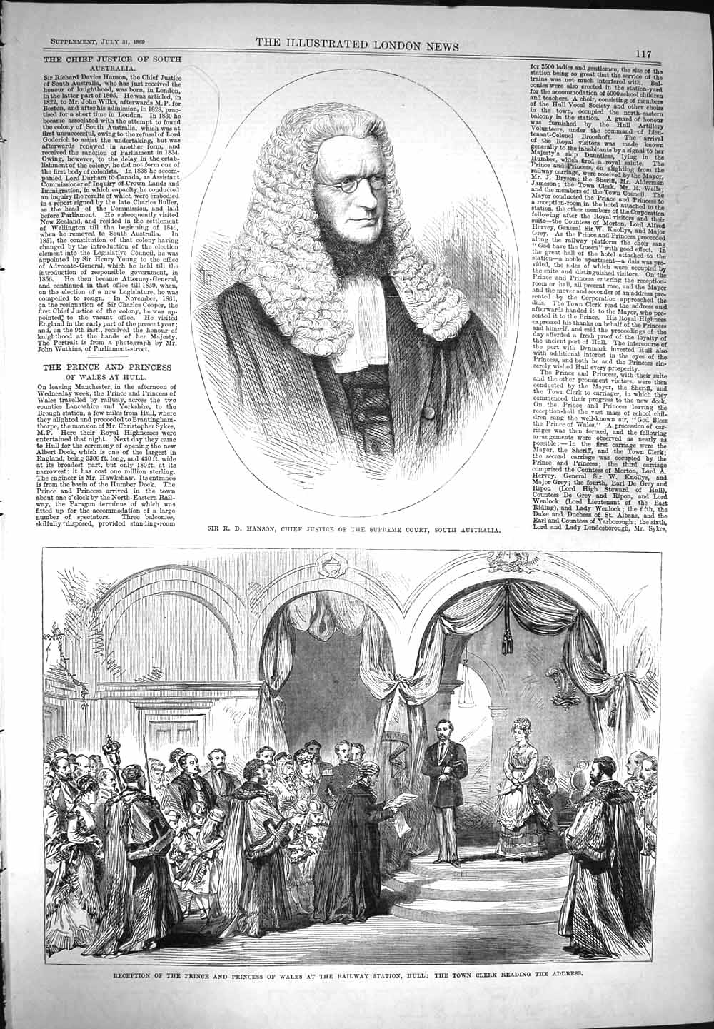 Old Antique Print 1869 Hanson Chief Justice Australia Prince Wales Hull 19th