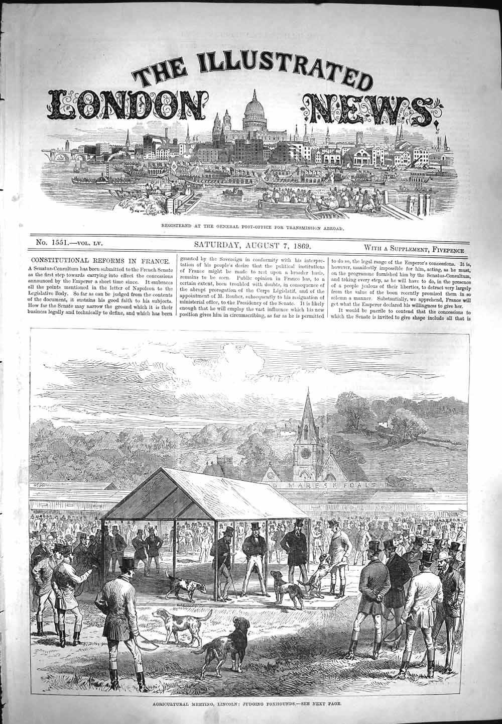 Old Antique Print 1869 Agricultural Meeting Lincoln Judging Foxhounds Dog 19th