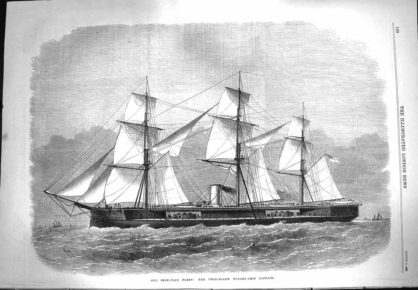 Original Old Antique Print 1869 Iron-Clad Fleet Twin-Screw Turret Ship Captain
