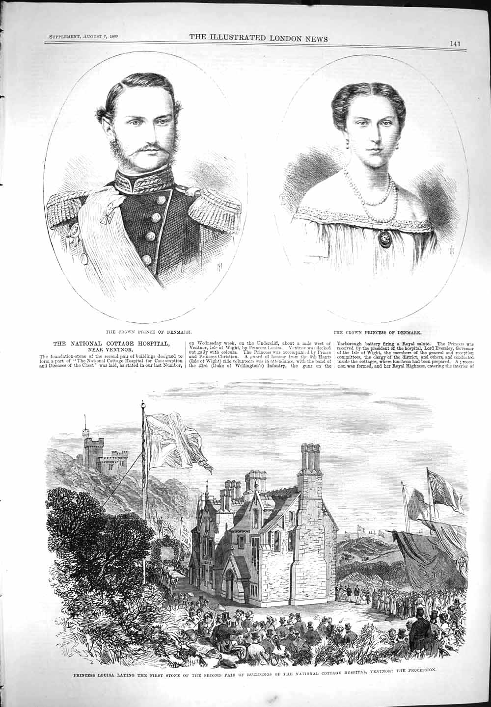 Original Old Antique Print 1869 Prince Denmark Princess Louisa Cottage Hospital