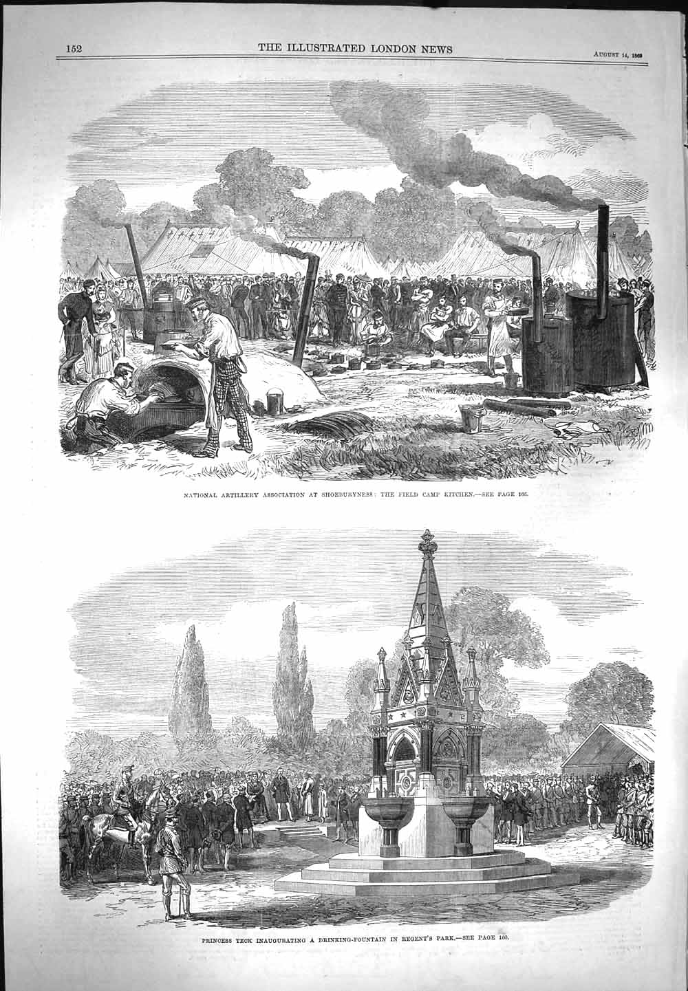 Old Antique Print 1869 Artillery Shoeburyness Kitchen Fountain Regent'S 19th