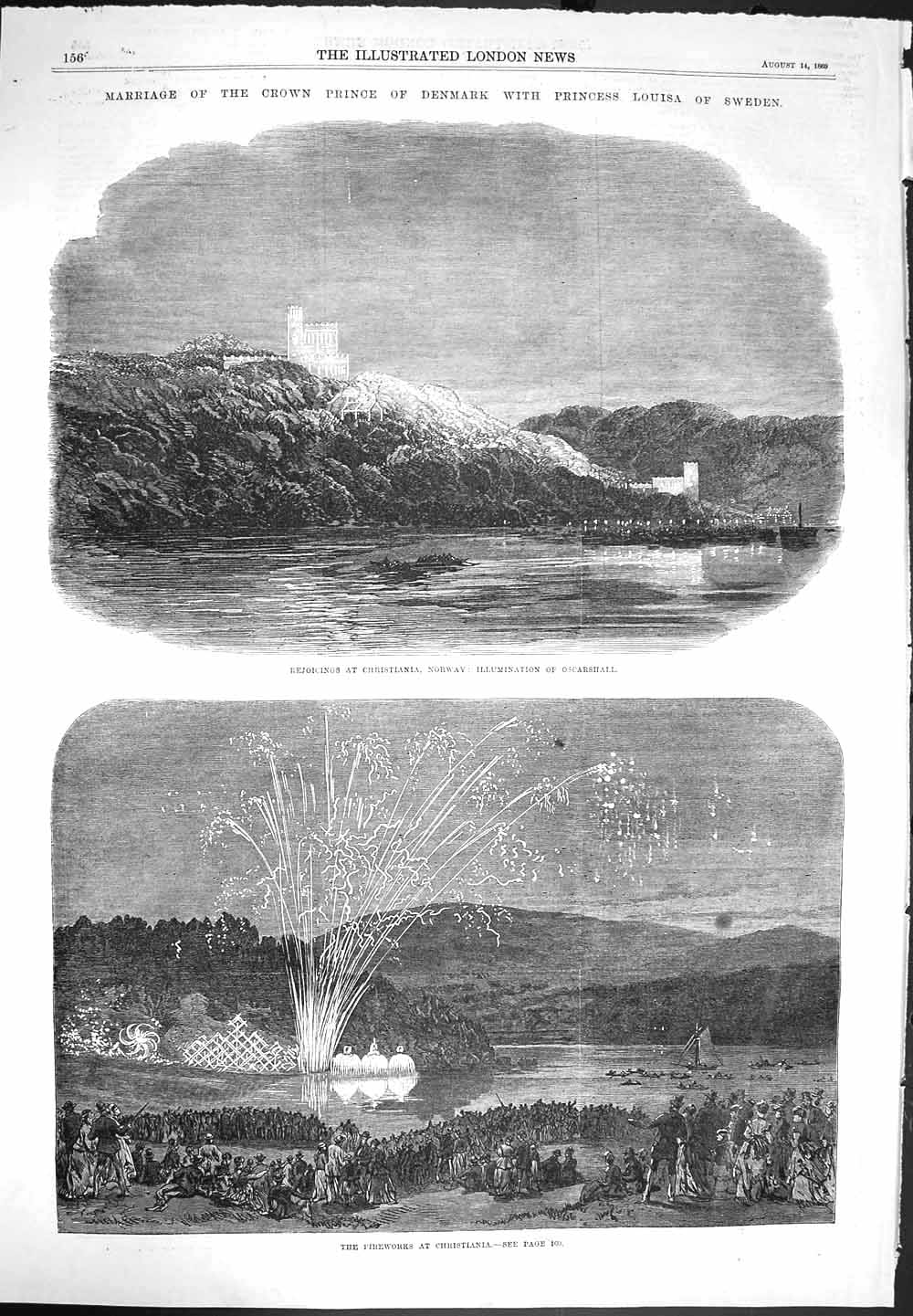 Original Old Antique Print 1869 Christiania Norway Oscarshall Fireworks Prince