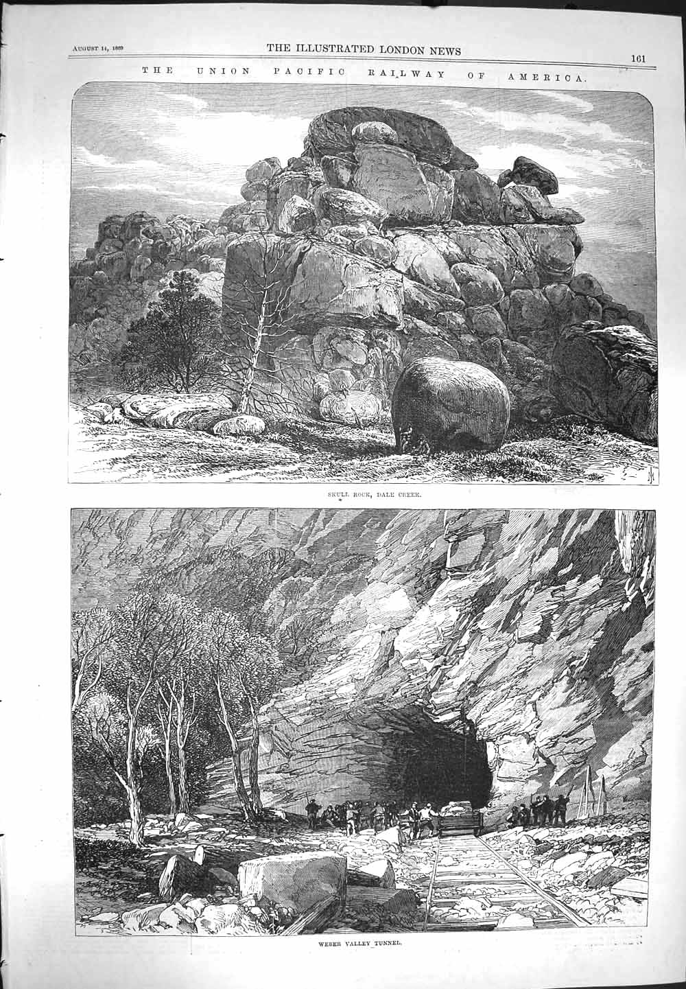 Old Antique Print 1869 Skull Rock Dale Creek Weber Tunnel Railway America 19th