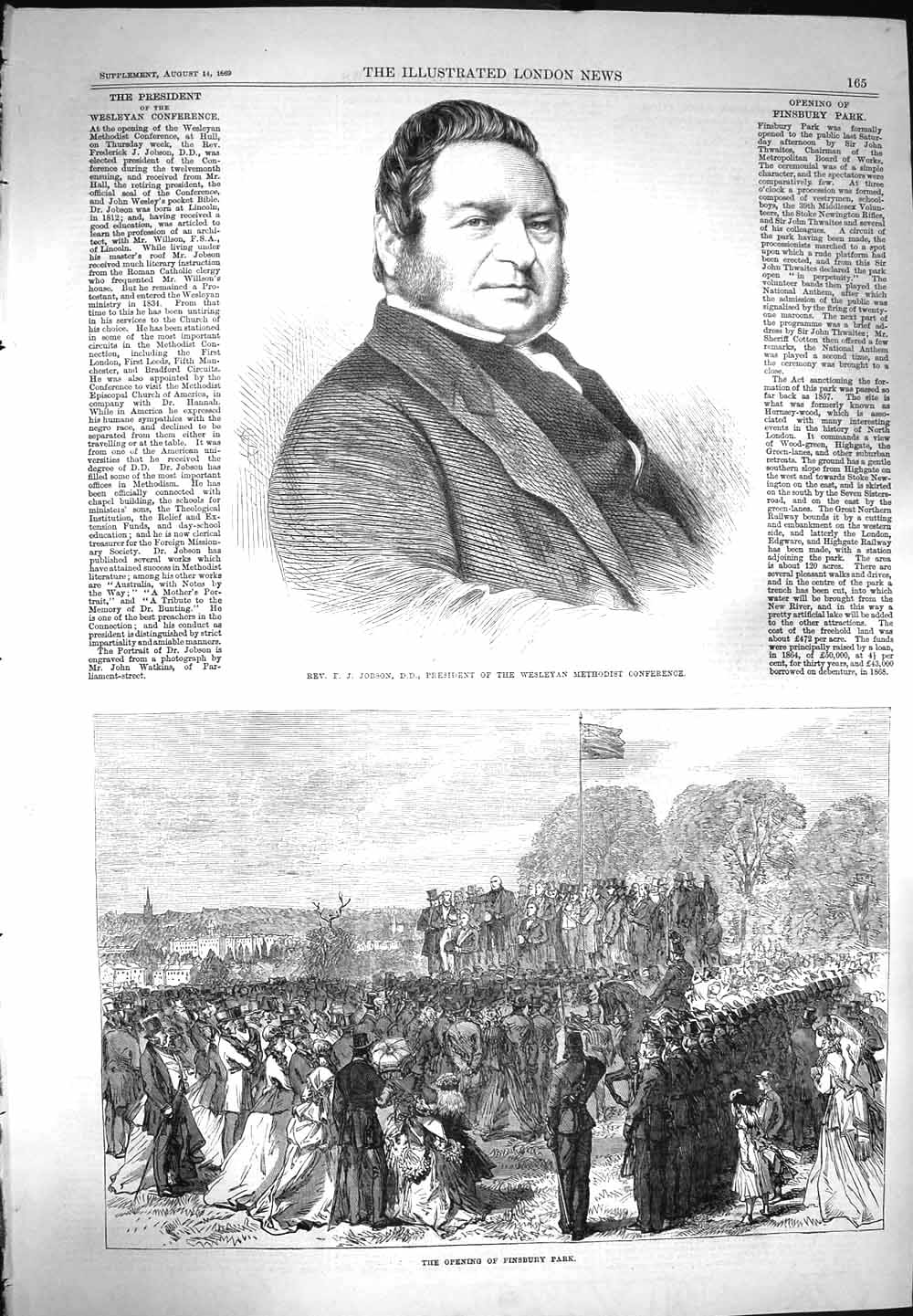 Original Old Antique Print 1869 Jobson Wesleyan Methodist Opening Finsbury Park