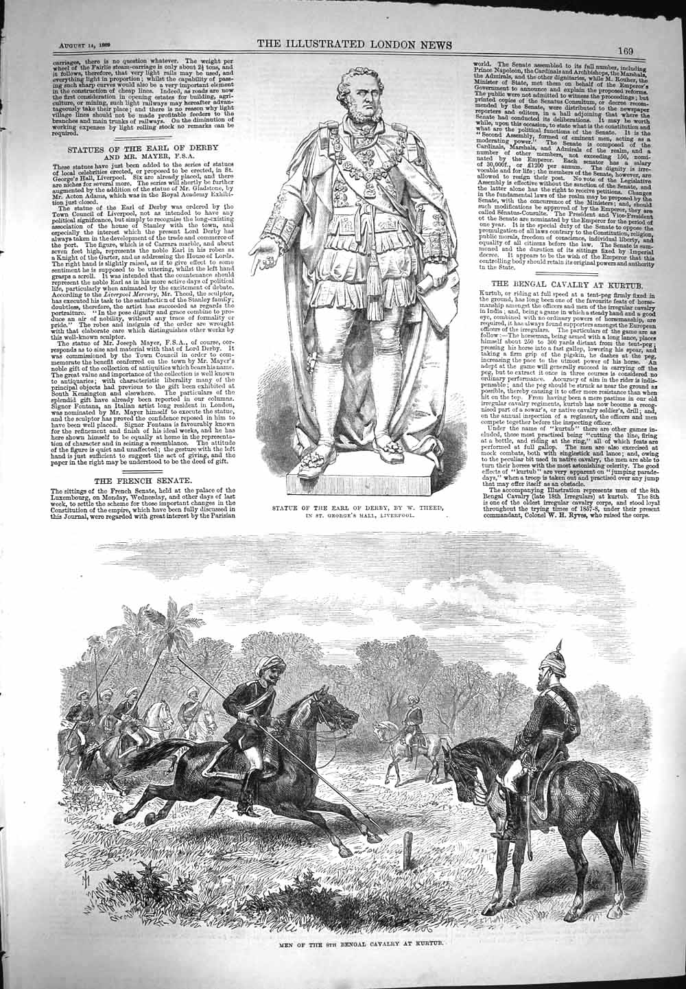 Original Old Antique Print 1869 Statue Eral Derby Bengal Cavalry Kurtub Horses
