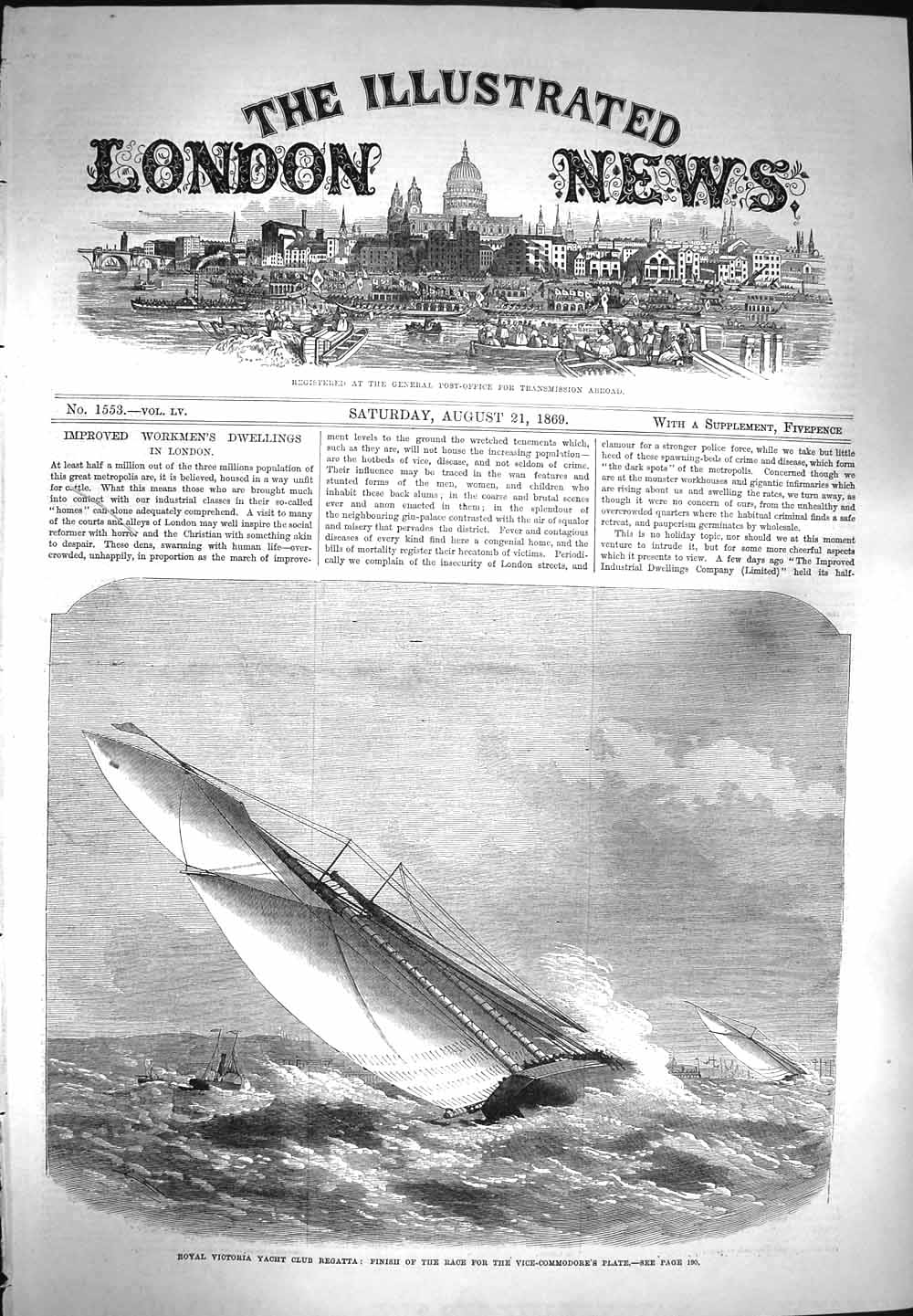 Original Old Antique Print 1869 Royal Victoria Yacht Club Regatta Vice-Co 19th