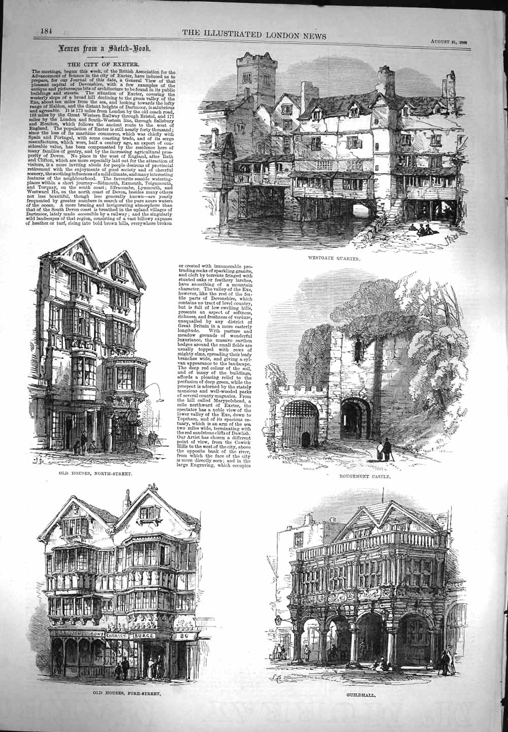 Old Antique Print 1869 Exeter Westgate Rougemont Castle Guildhall Houses 19th