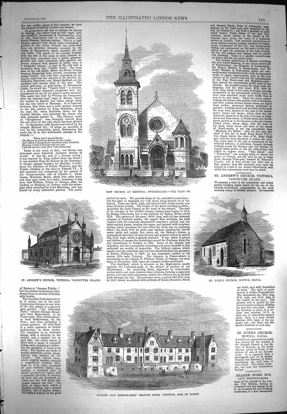 Old Antique Print 1869 Church Genthod Switzerland Natal Vancouver Wight 19th