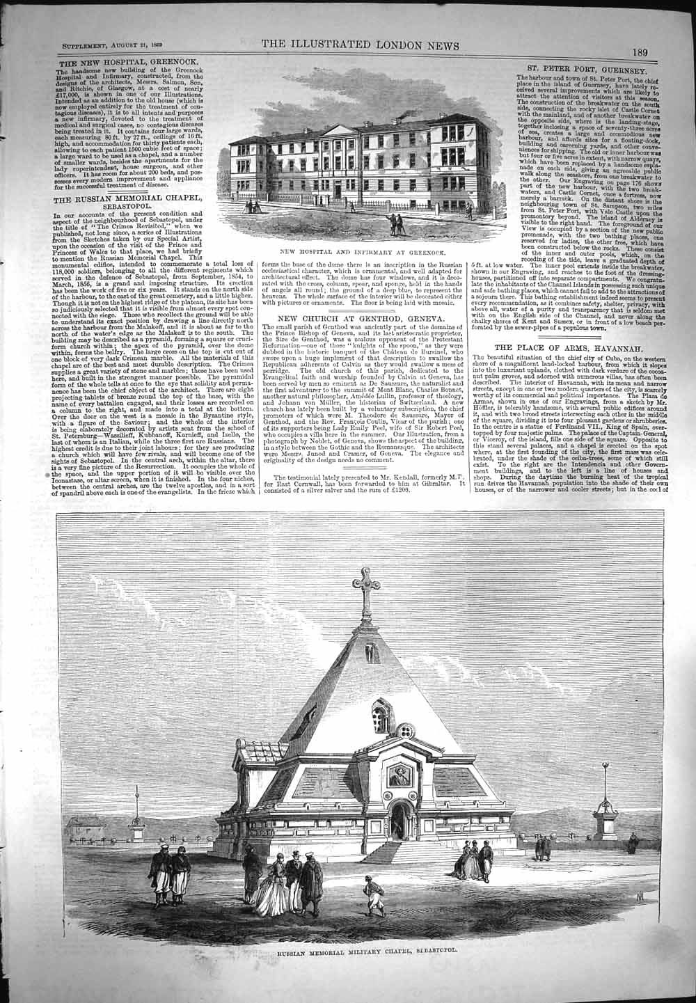 Original Old Antique Print 1869 Russian Chapel Sebastopol Greenock Hospital