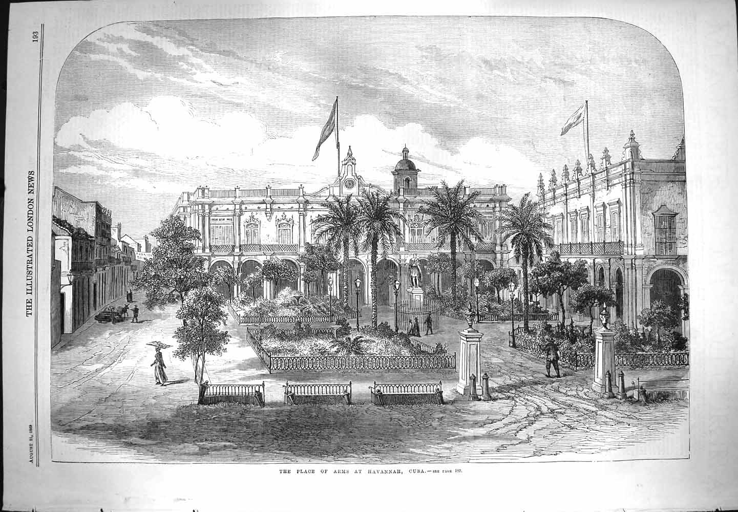 Original Old Antique Print 1869 Building Place Arms Havannah Cuba South America