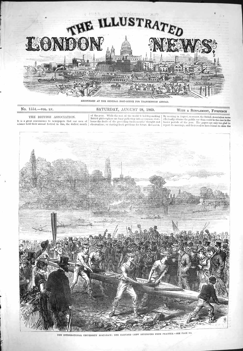 Antique Old Print *3269 1869 International University Boat Race Harvard Crew