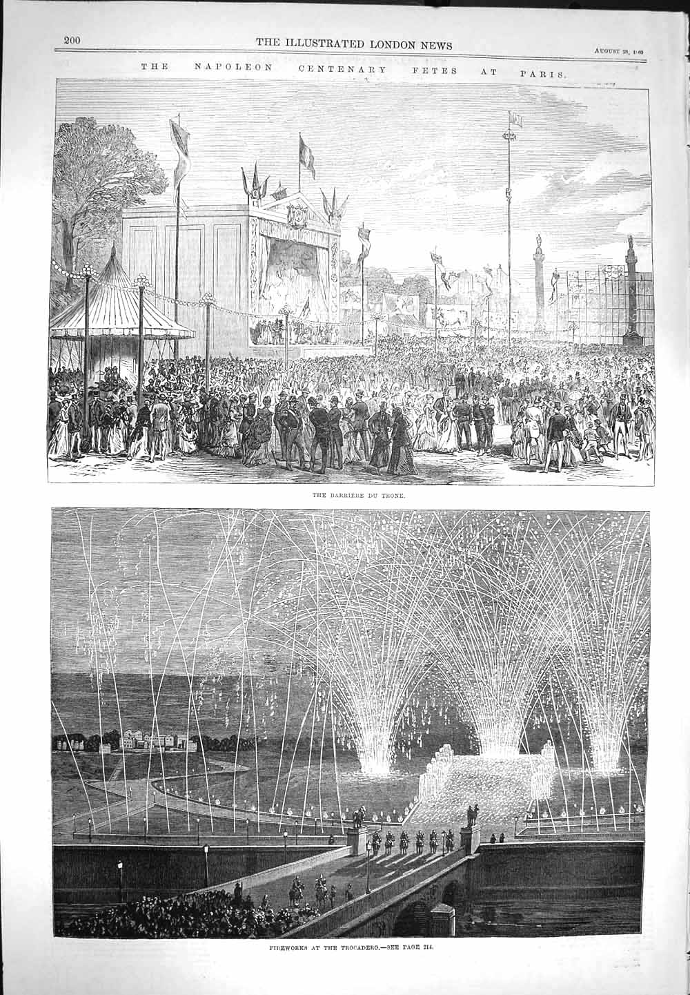 Old Antique Print 1869 Napoleon Centenary Paris Barriere Trone Trocadero 19th