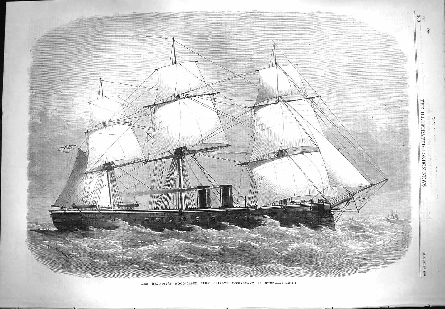 Original Old Antique Print 1869 Queen Wood-Cased Iron Frigate Inconstant Guns