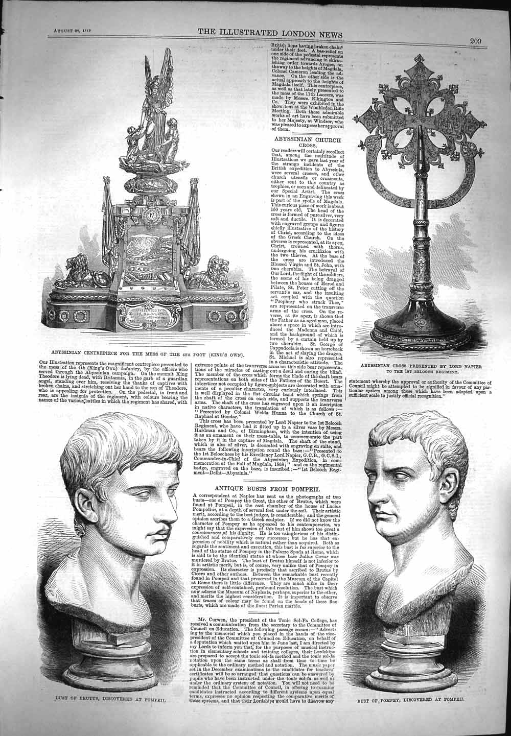 Original Old Antique Print 1869 Bust Brutus Pompey Abyssinian Cross Lord Napier