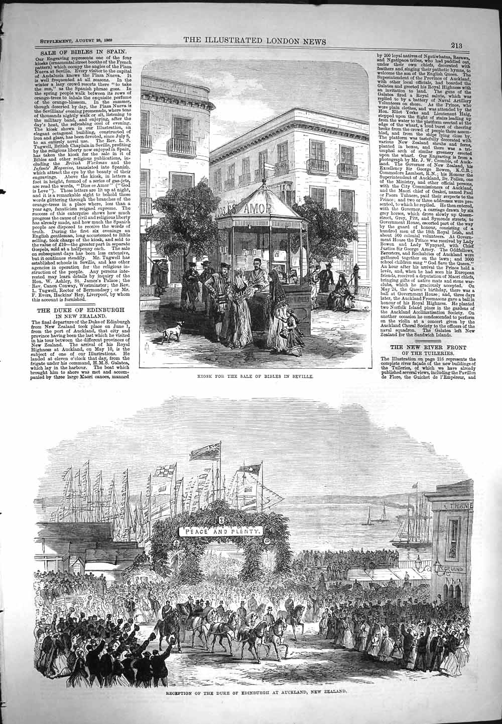 Old Antique Print 1869 Kiosk Sale Bibles Seville Duke Edinburgh Auckland 19th