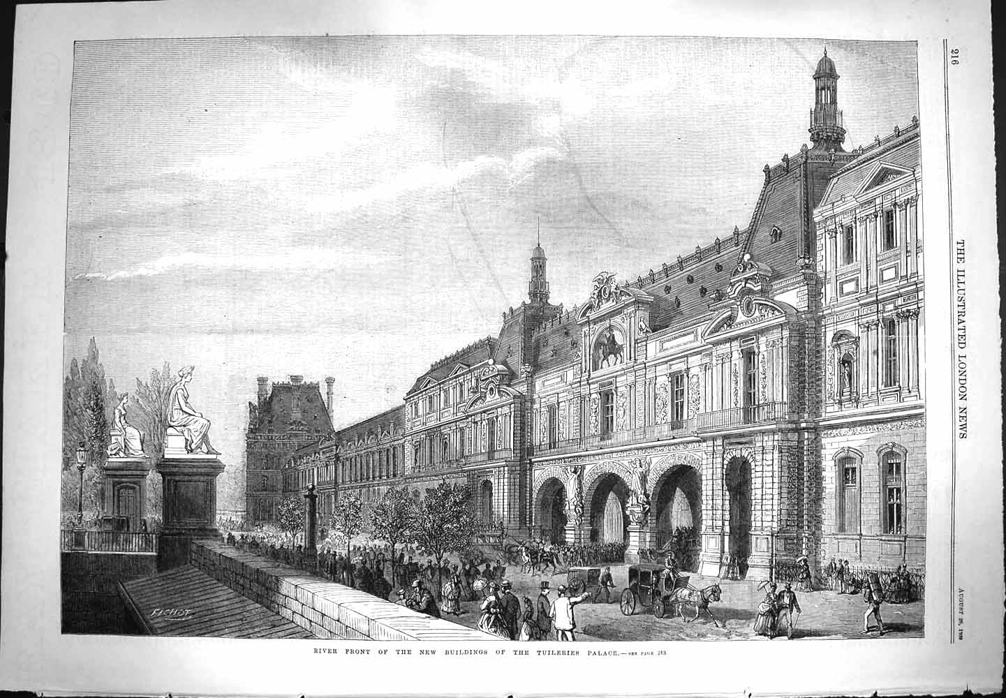 Original Old Antique Print 1869 River Front Buildings Tuileries Palace France