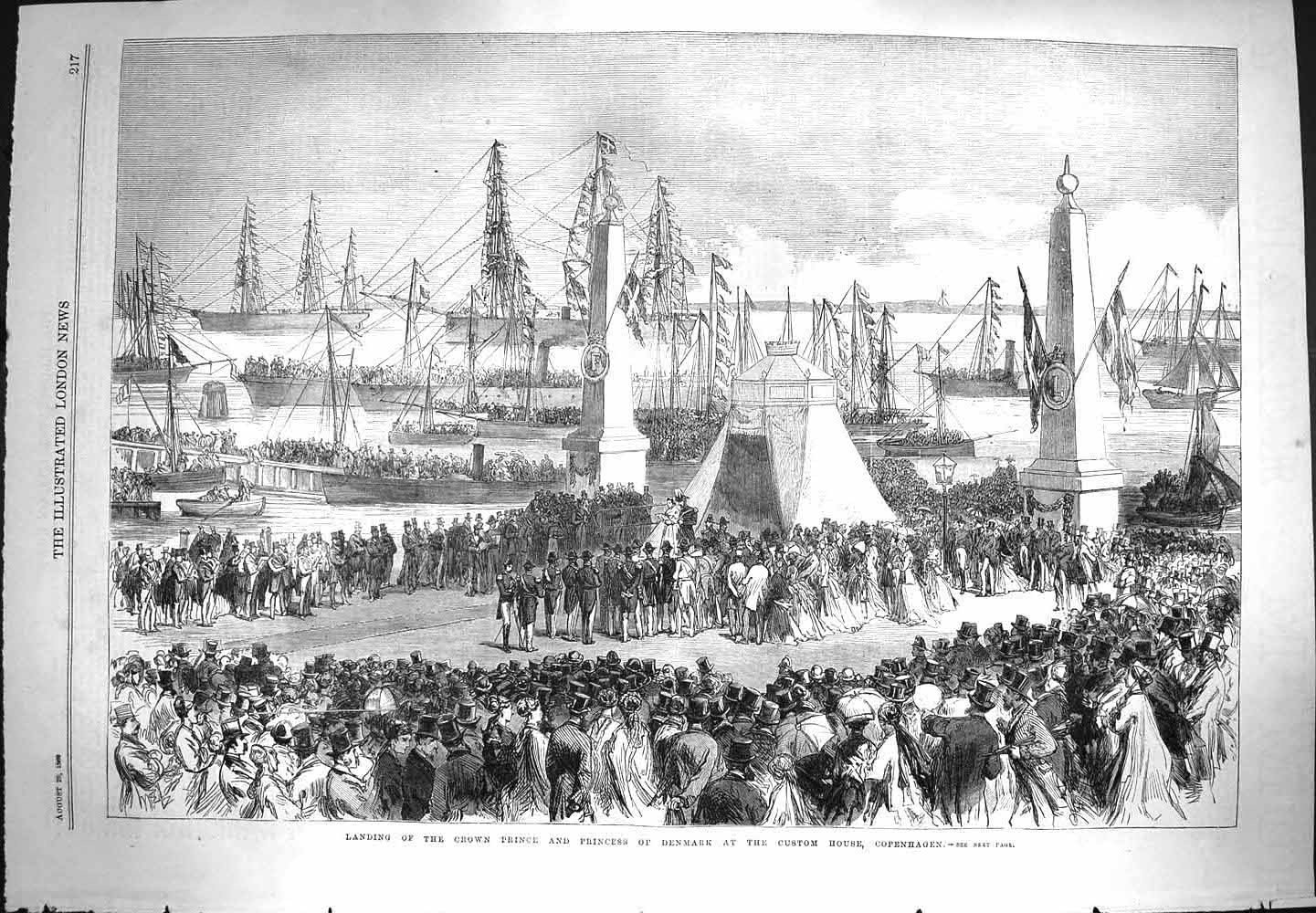 Original Old Antique Print 1869 Ships Crown Prince Princess Denmark Copenhagen