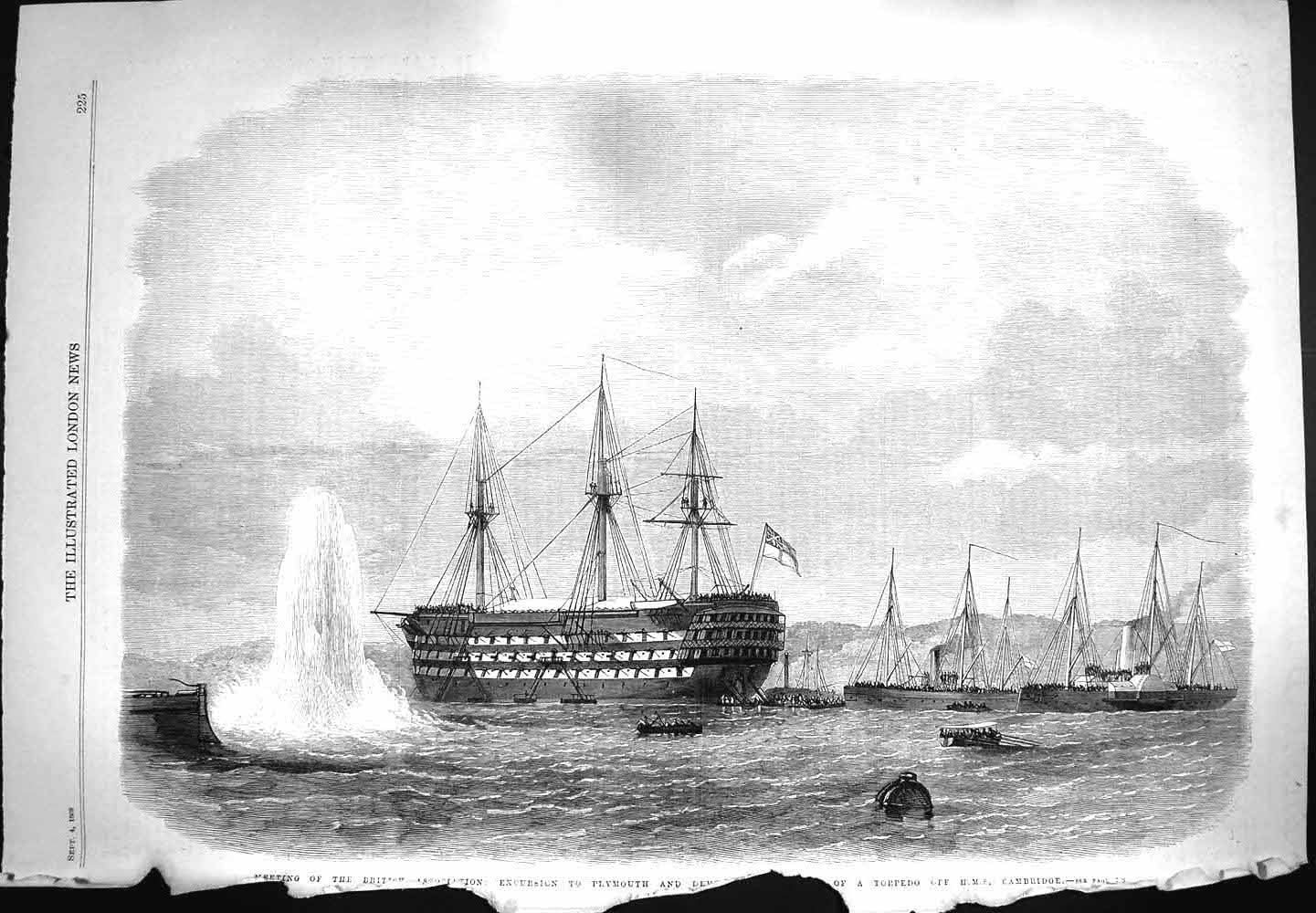 Original Old Antique Print 1869 Torpedo Ship Cambridge Plymouth Devon Excursion