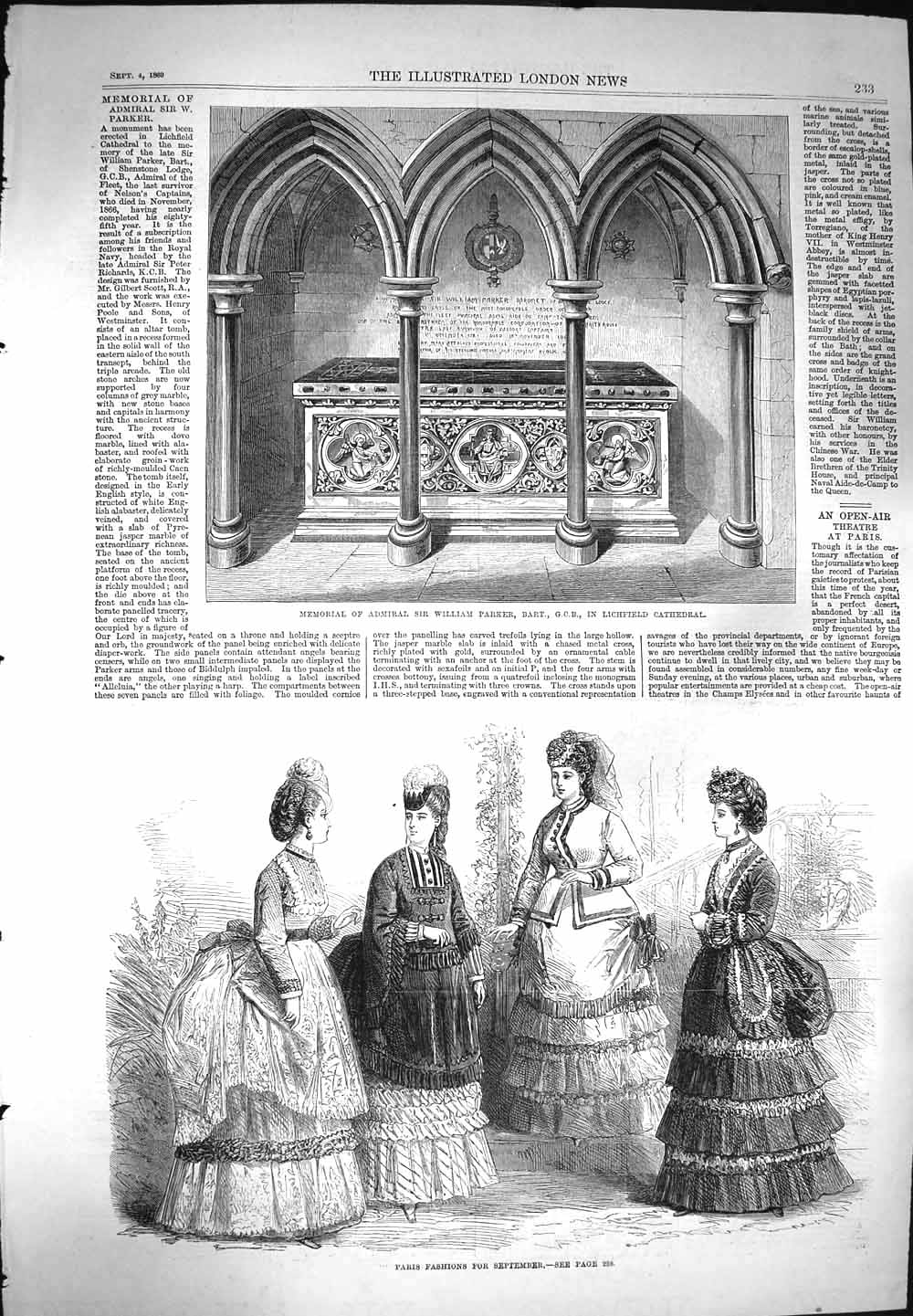 Old Antique Print 1869 Admiral Parker Lichfield Cathedral Paris Fashion 19th