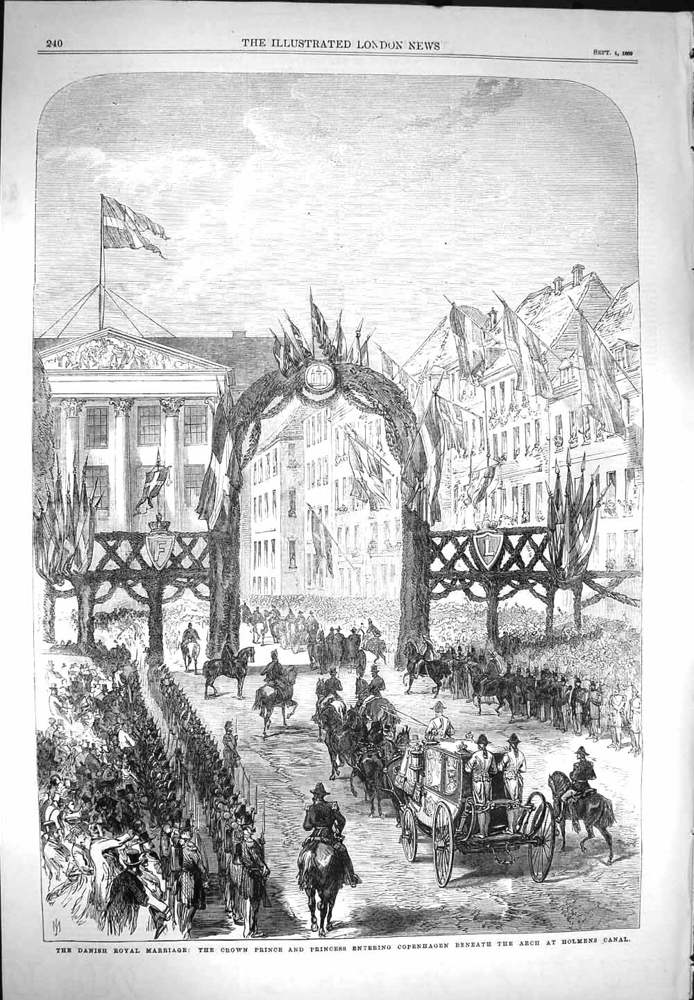Original Old Antique Print 1869 Denmark Royal Wedding Prince Copenhagen Holmens