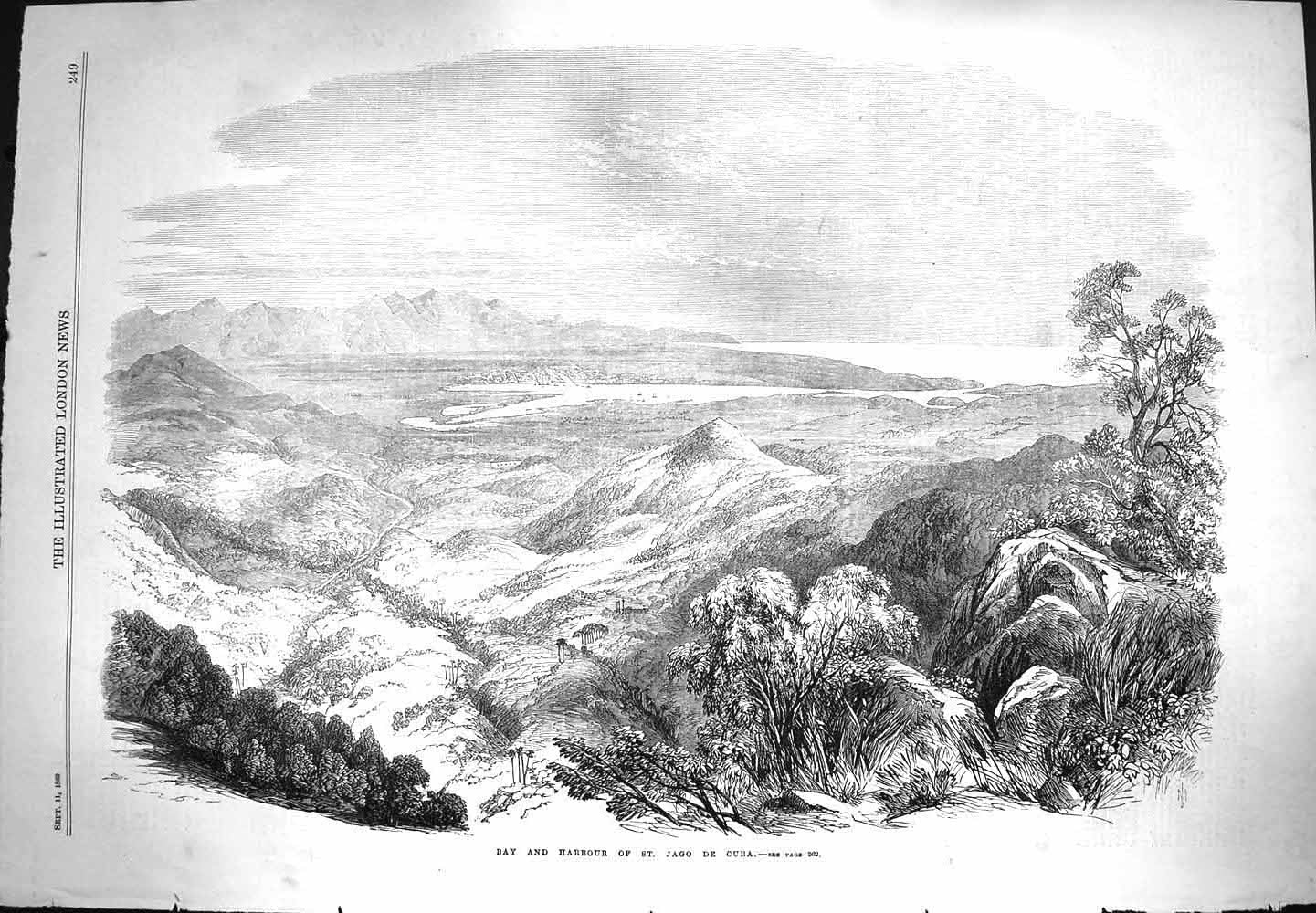 Original Old Antique Print 1869 View Bay Harbour St. Jago De Cuba Mountains
