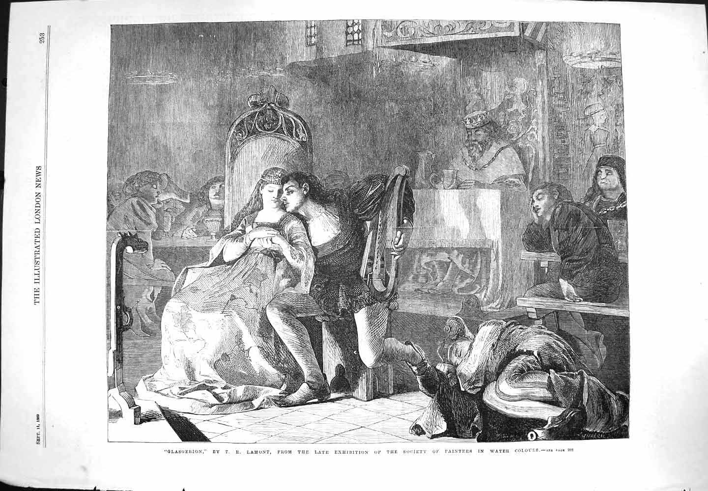 Original Old Antique Print 1869 Glasgerion Man Lady Romance Scene Lamont 19th