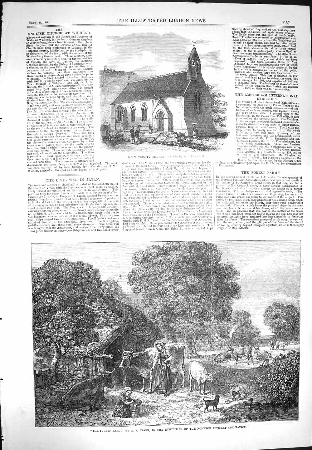 Original Old Antique Print 1869 Trinity Church Wildbad Wurtemberg Forest Farm