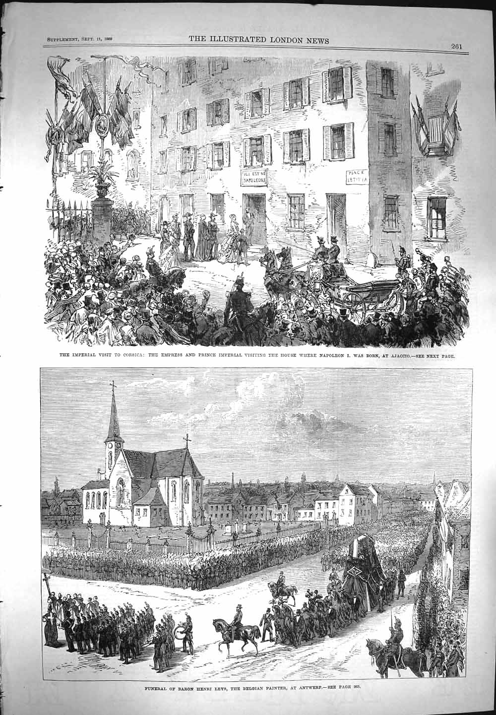 Original Old Antique Print 1869 Funeral Baron Henri Leys Antwerp Corsica 19th