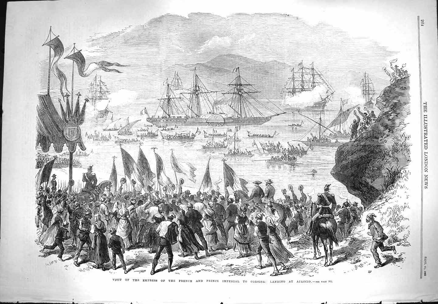 Original Old Antique Print 1869 Empress French Prince Imperial Corsica Ajaccio