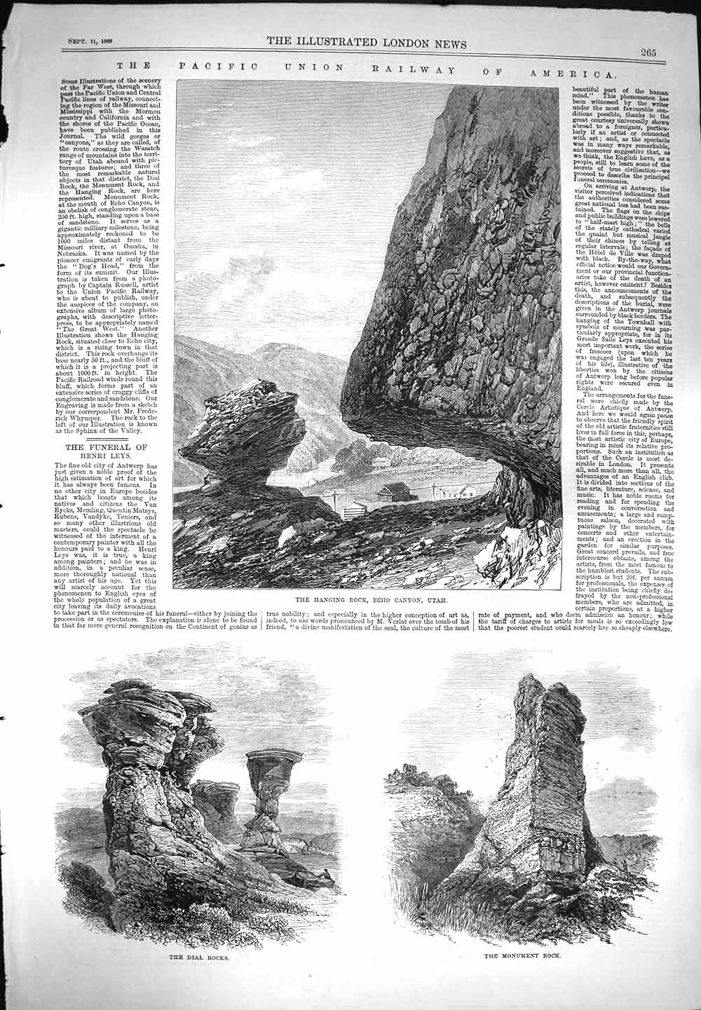 Old Antique Print 1869 Hanging Rock Echo Canyon Utah Monument Dial Rock 19th
