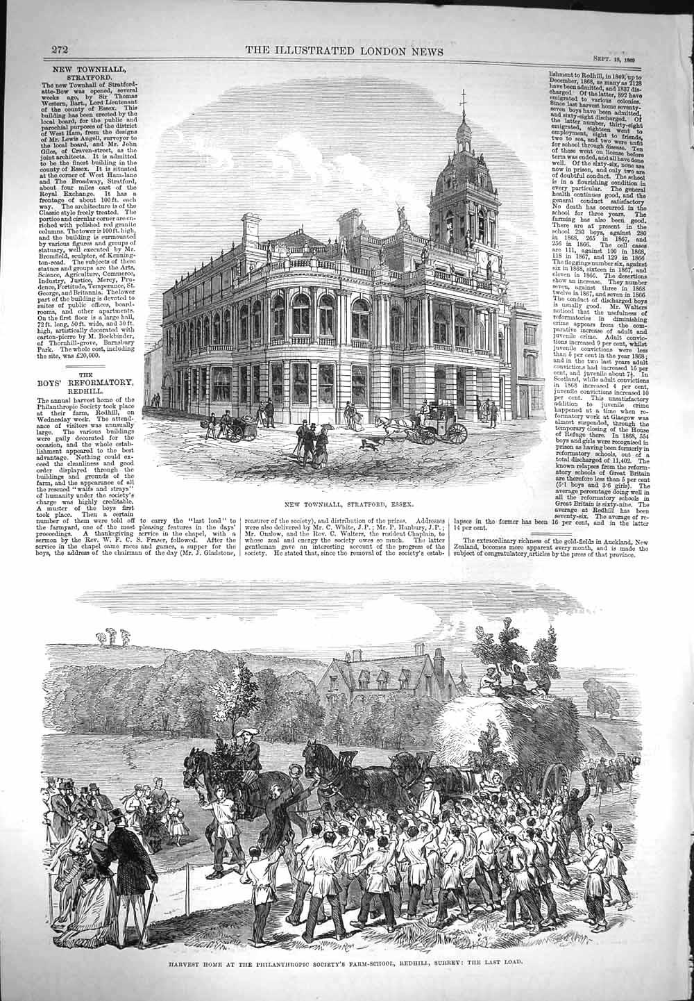 Original Old Antique Print 1869 Townhall Stratford Essex Harvest Home Redhill