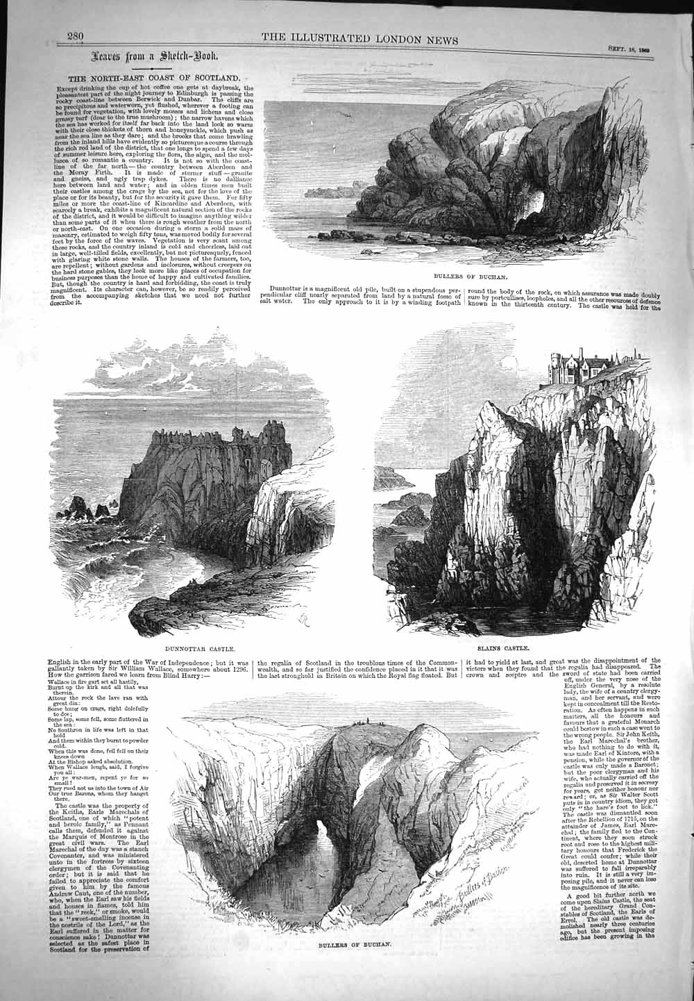 Original Old Antique Print 1869 Scotland Bullers Buchan Dunnottar Castle 19th