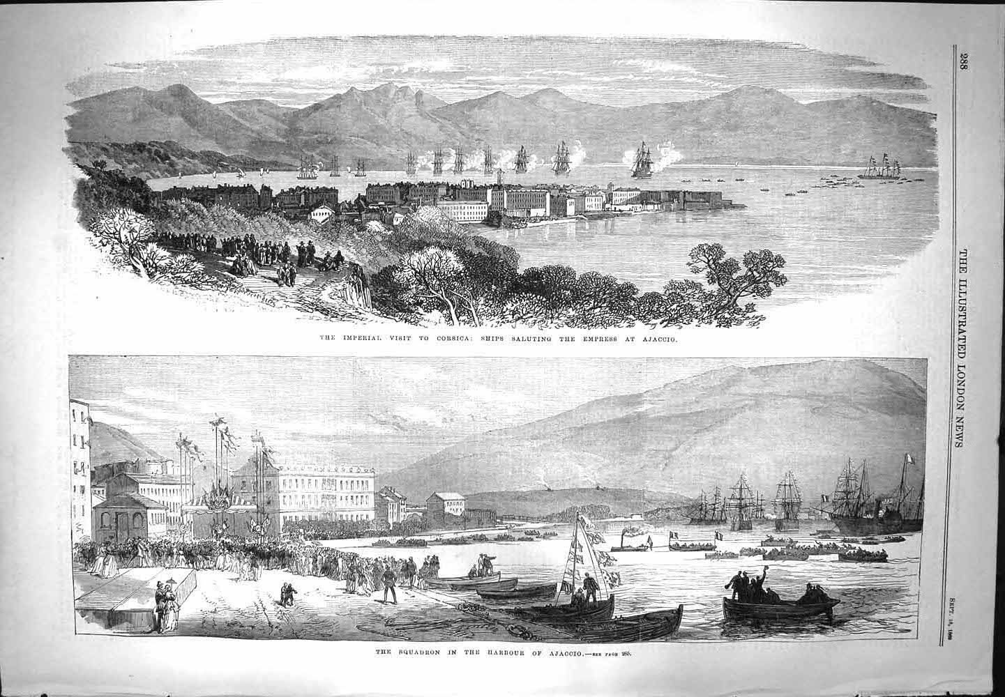 Original Old Antique Print 1869 Ships Harbour Ajaccio Empress Visit Victorian
