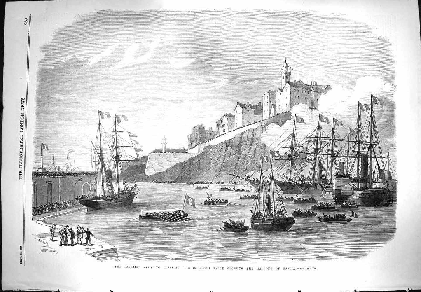 Old Antique Print 1869 Imperial Visit Corsica Empress Ship Harbour Bastia 19th