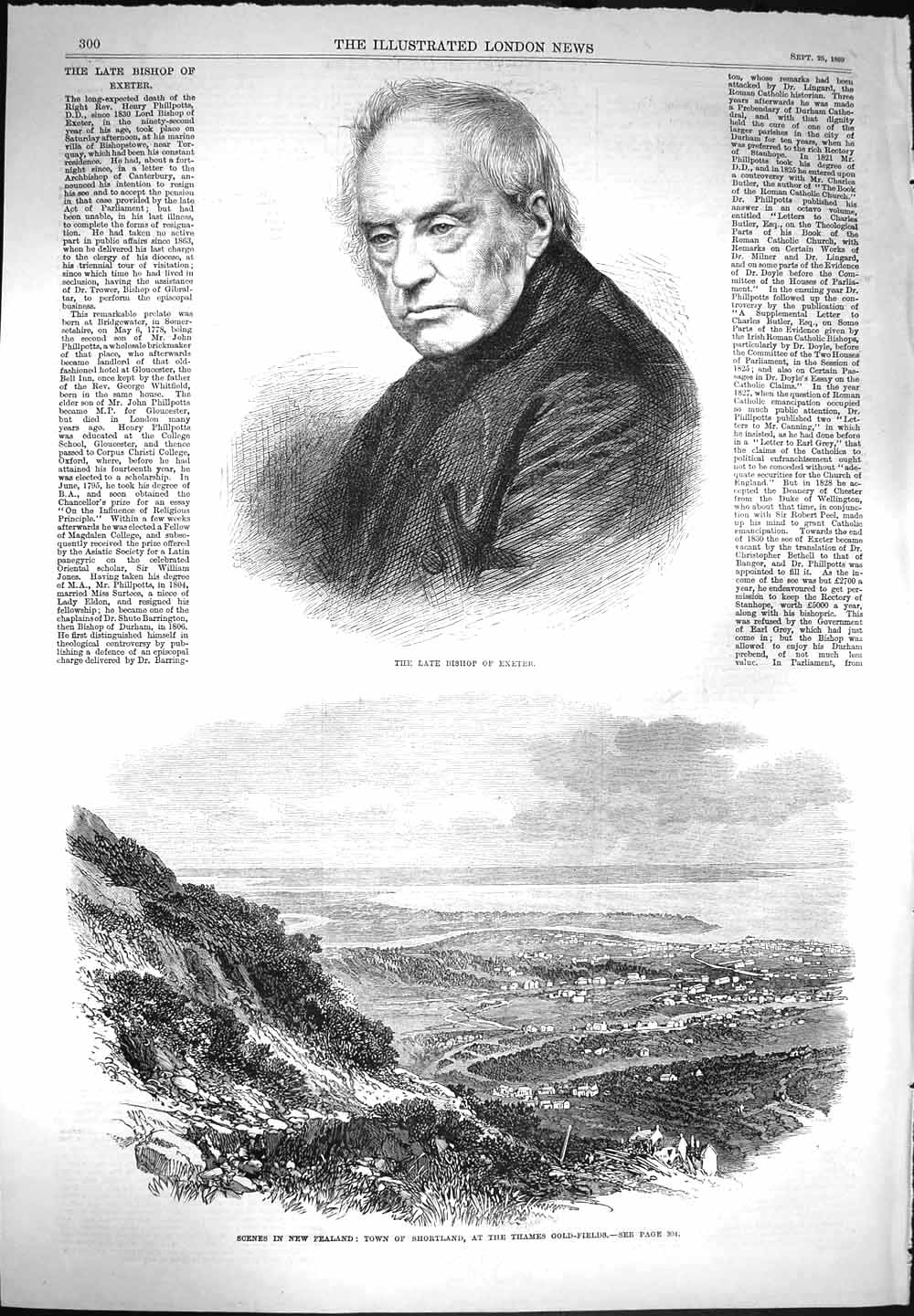 Original Old Antique Print 1869 Bishop Exeter New Zealand Shortland GFields
