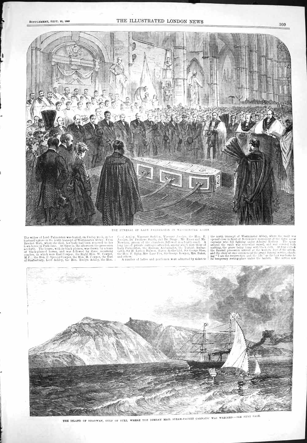 Old Antique Print 1869 Funeral Lady Palmerston Westminster Suez Shadwan 19th
