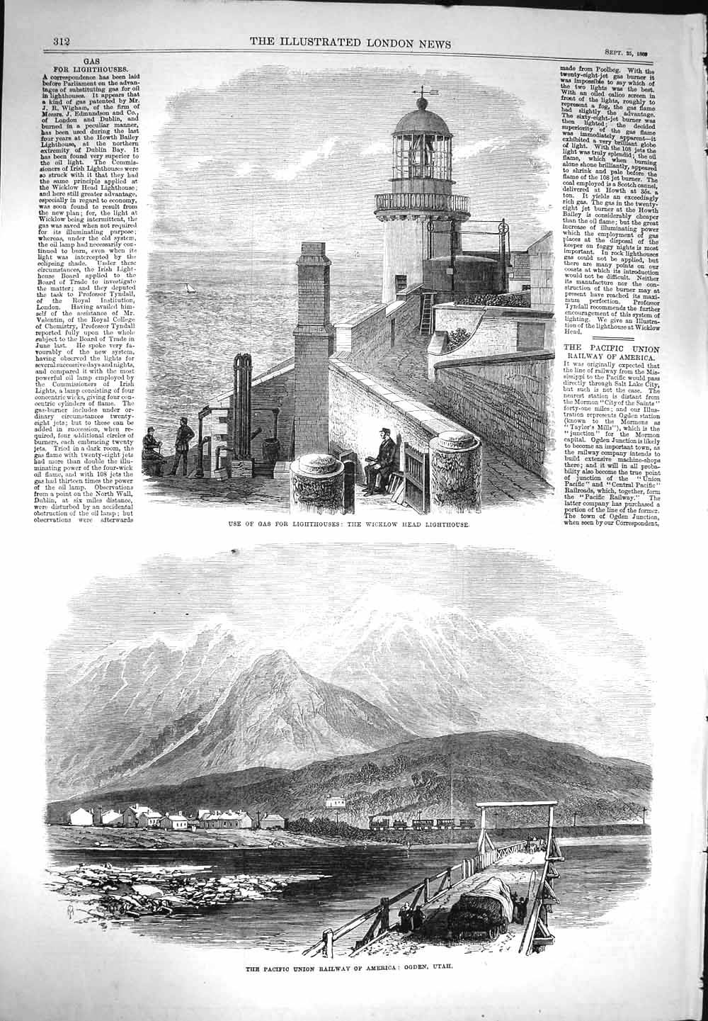 Original Old Antique Print 1869 Wicklow Head Lighthouse Gas Railway Americ 19th