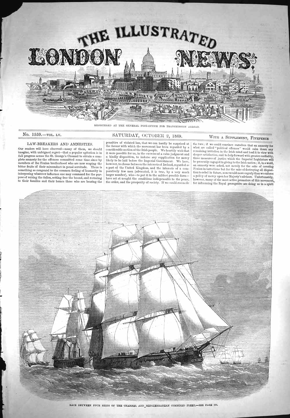 Original Old Antique Print 1869 Ships Race Channel Mediterranean Combined Fleet