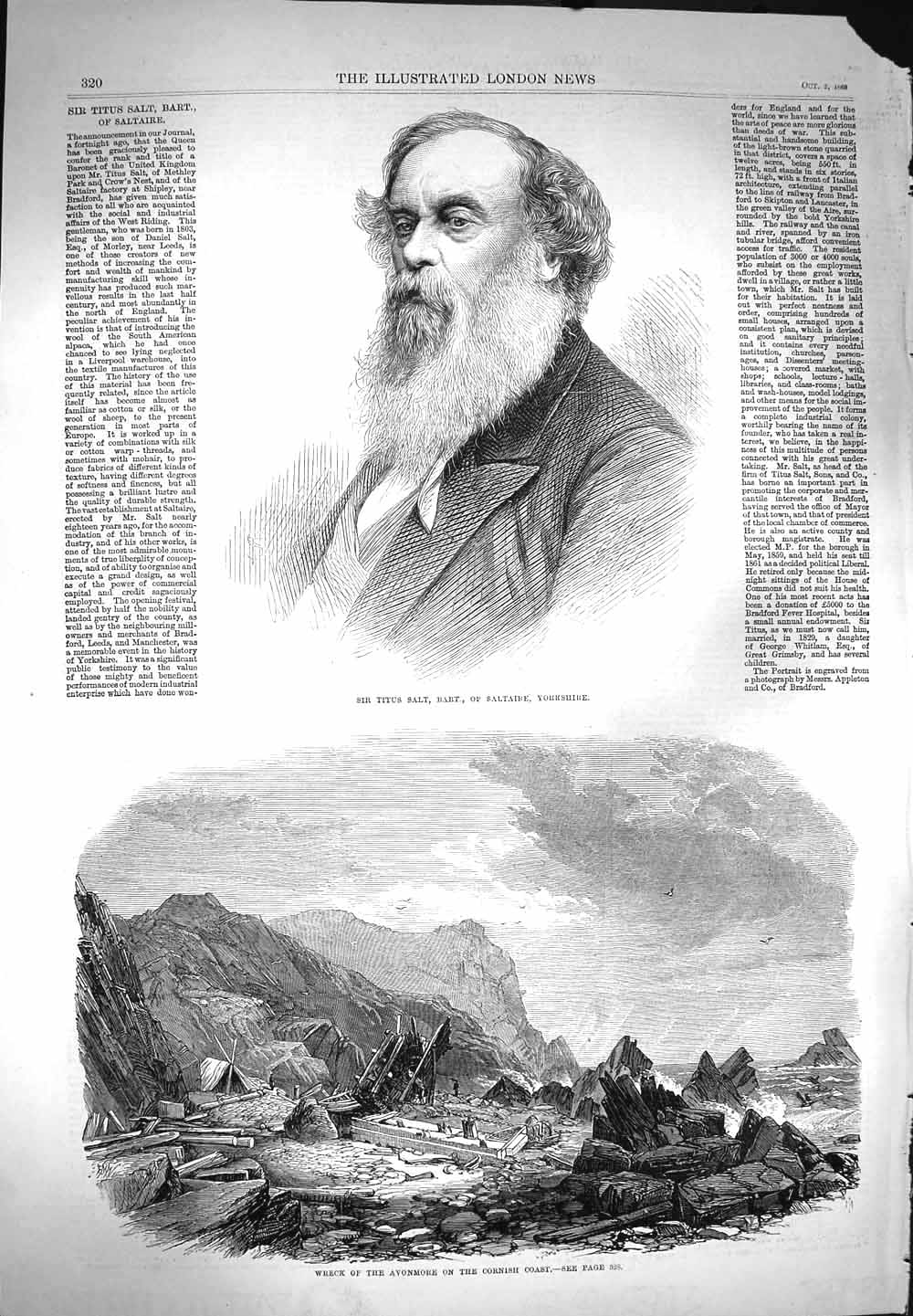 Original Old Antique Print 1869 Sir Titus Salt Ship Wreck Avonmore Cornis 19th