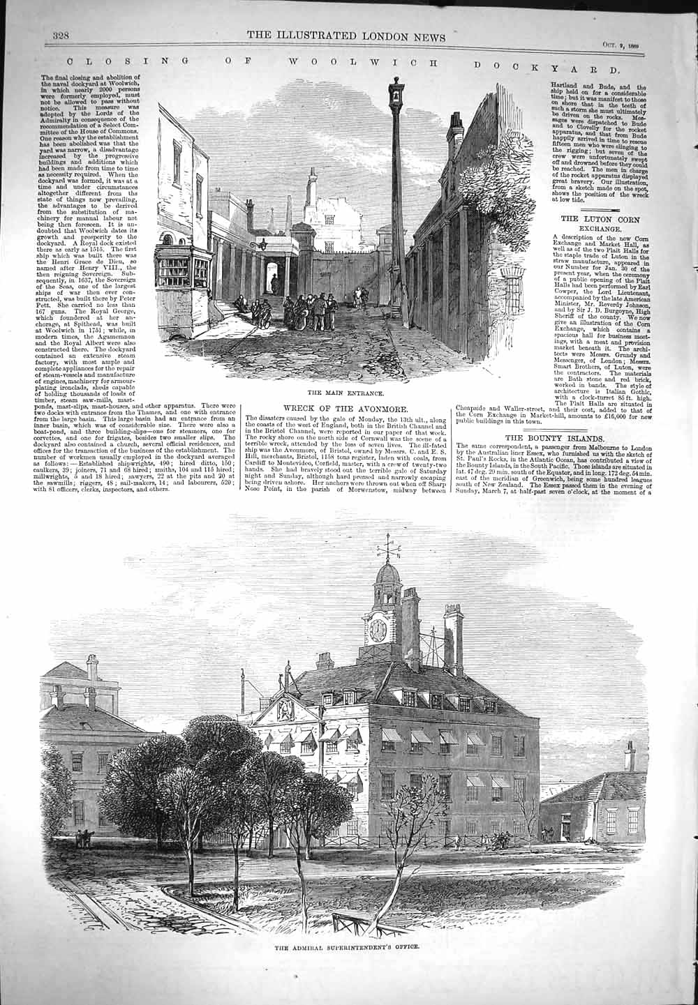 Old Antique Print 1869 Woolwich Dockyard Entrance Admiral Superintendent 19th