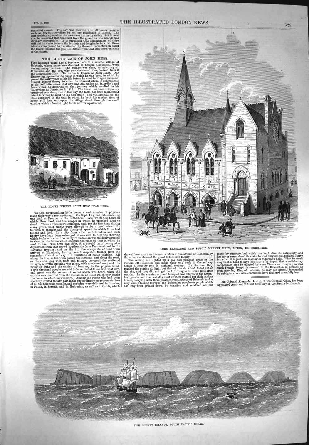 Old Antique Print 1869 Corn Exchange Luton John Huss Bounty Islands Ship 19th