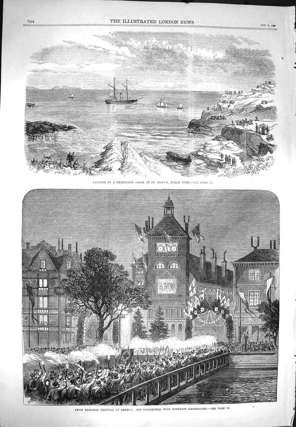 Old Antique Print 1869 Telegraph Cable Mary'S Scilly Clock Tower Geneva 19th