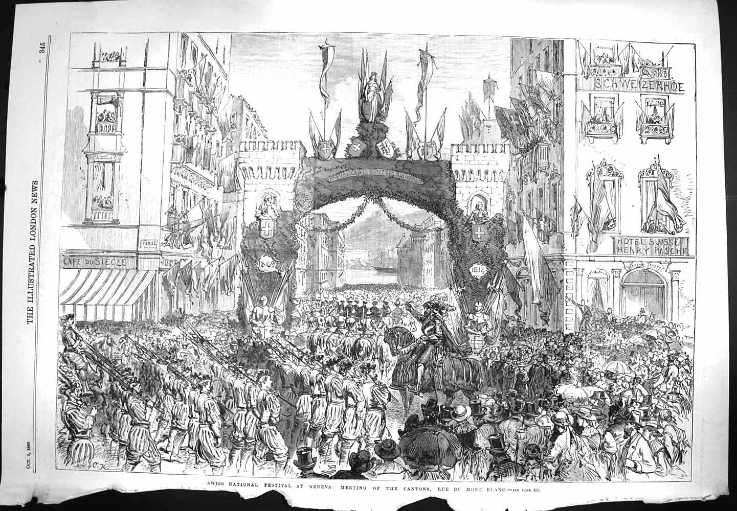Original Old Antique Print 1869 Swiss National Festival Cantons Rue Mont Blanc