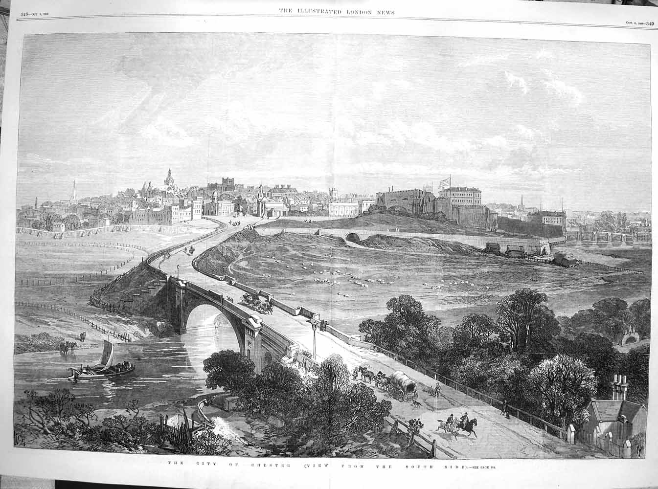 Old Antique Print 1869 View City Chester England Pgoenix Tower Watergate 19th