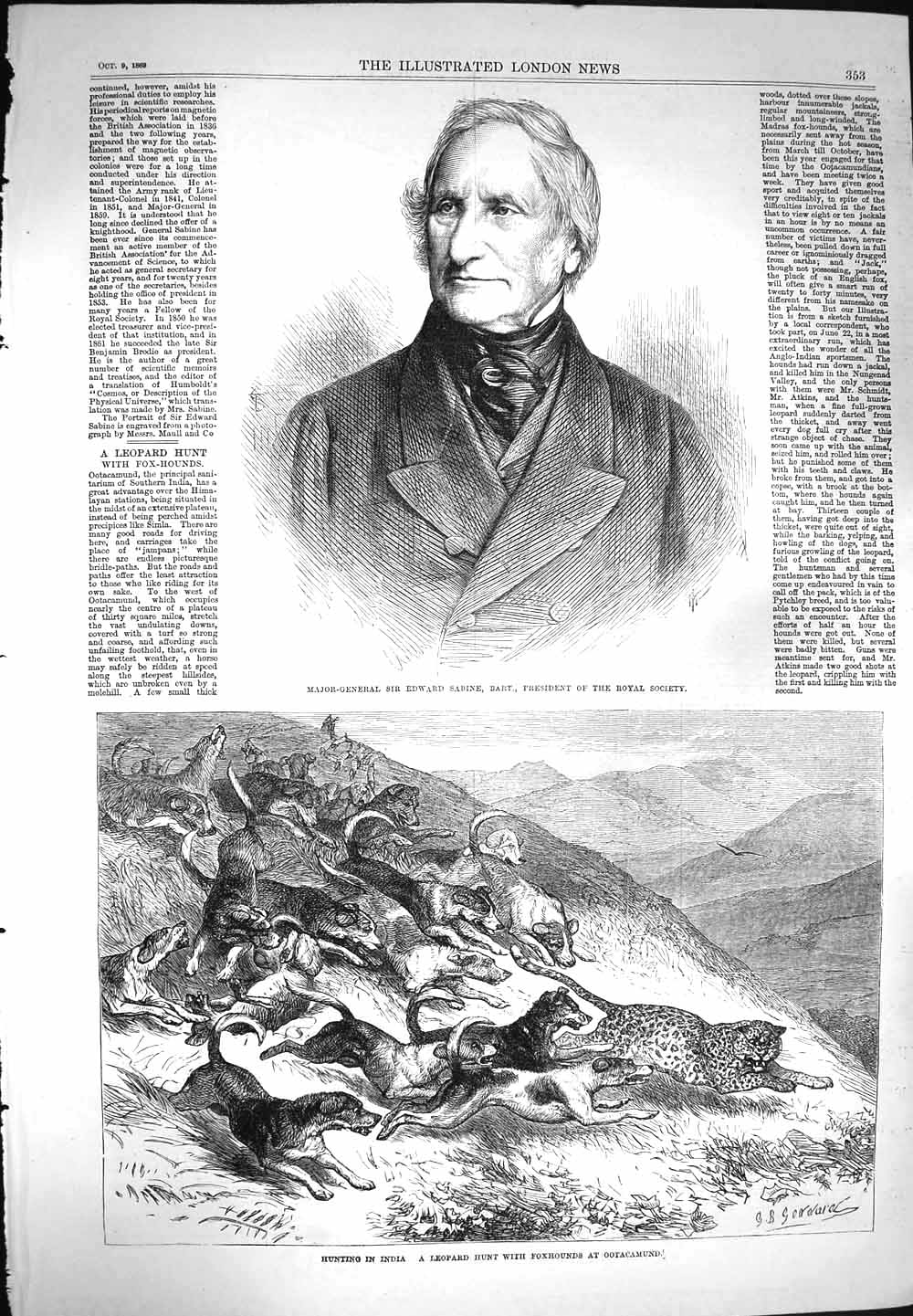 Old Antique Print 1869 Major-General Edward Sabine Hunting India Leopard 19th