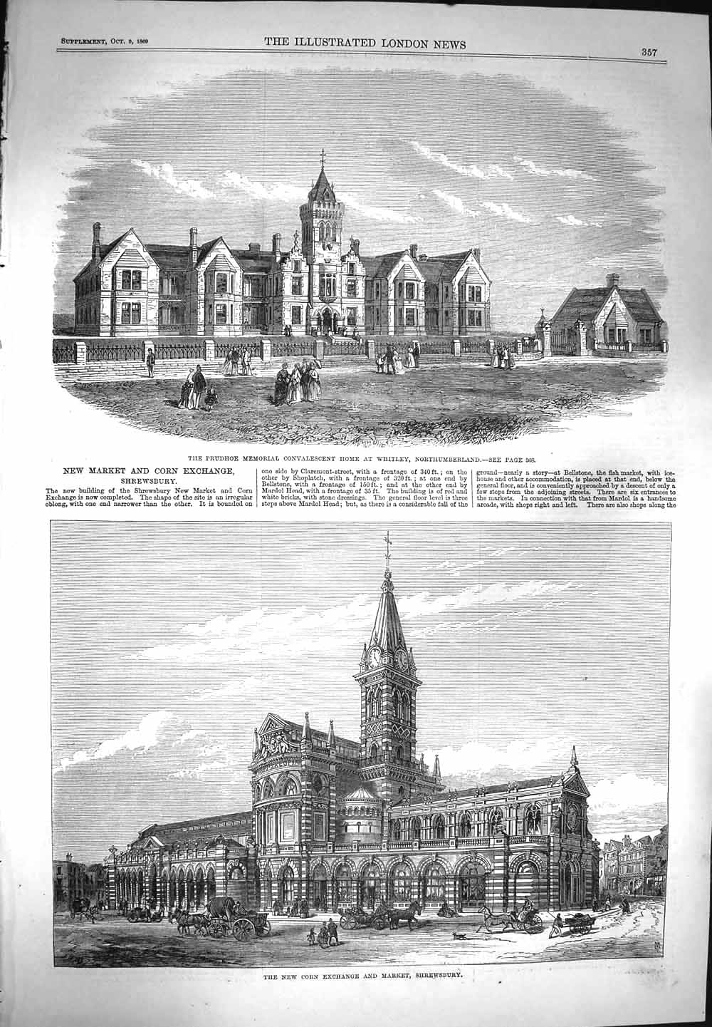 Original Old Antique Print 1869 Corn Exchange Market Shrewsbury Prudhoe Whitley